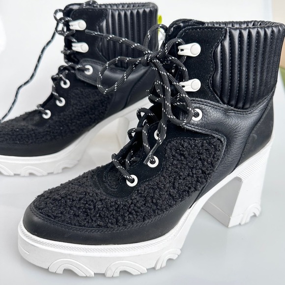 NEW SOREL Brex Leather & Faux Shearling Block Heel Lace-Up Bootie US 8.5 - Picture 6 of 15